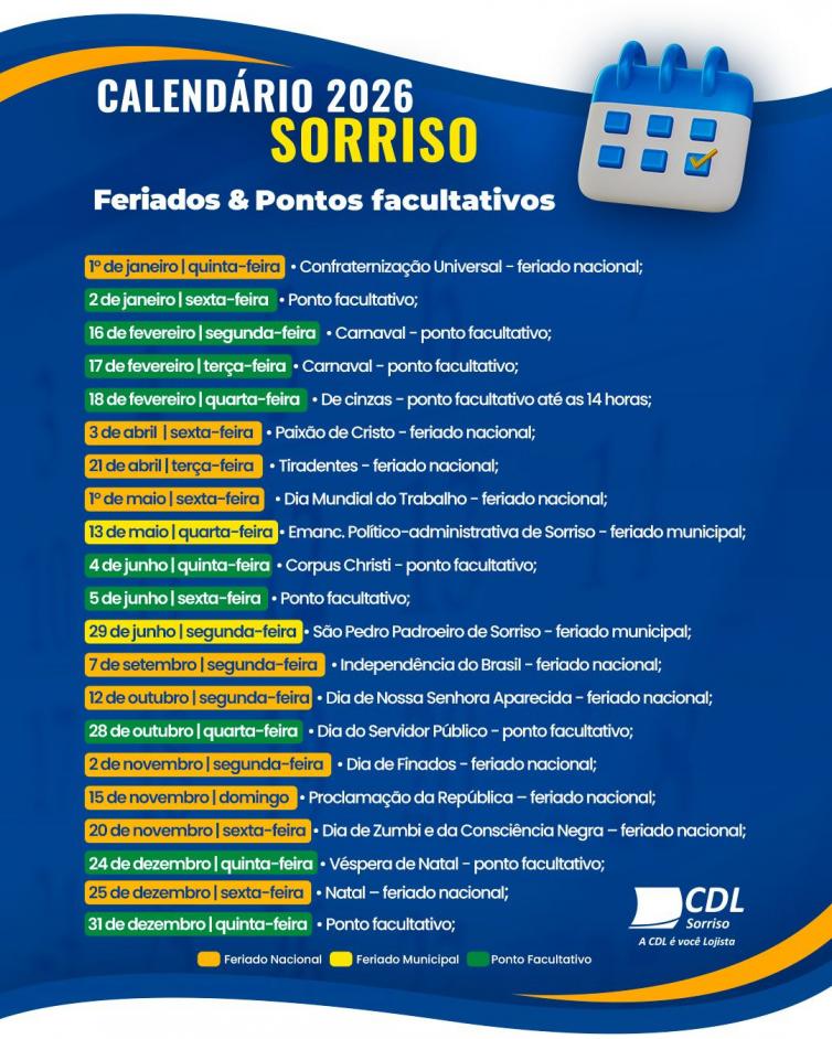 Imagens da Galeria - Calendário de Feriados e Pontos Facultativos de Sorriso para 2026